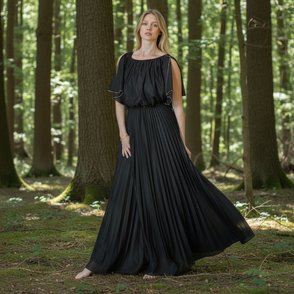 VTG Black Fairy Goddess Long Dress Formal Floor Length Sz 6‎ Greecian Party Belt